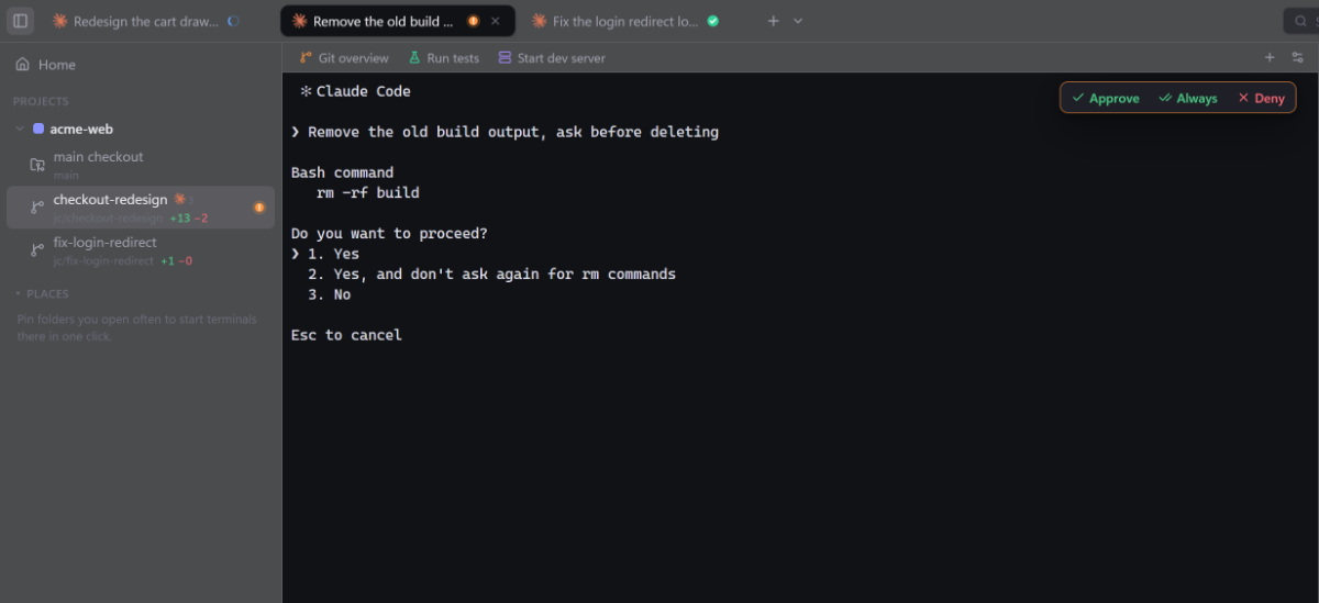 Claude Code asks to run rm -rf build. JustCode shows Approve, Always and Deny buttons above the terminal and an approval badge on the tab.