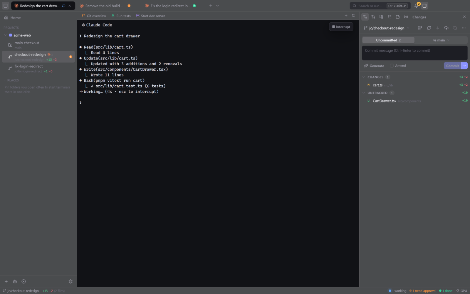 JustCode with three Claude Code sessions in separate worktrees: one working, one waiting for approval, one done, next to the changes panel.