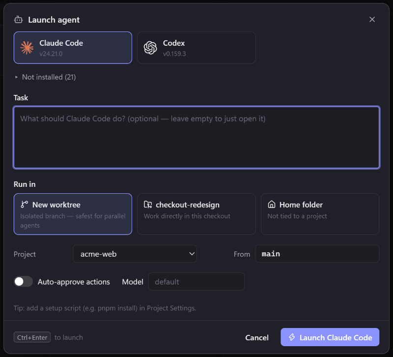 The Launch agent dialog with Claude Code and Codex installed, a task field and Run in options: New worktree, the current checkout or the home folder.