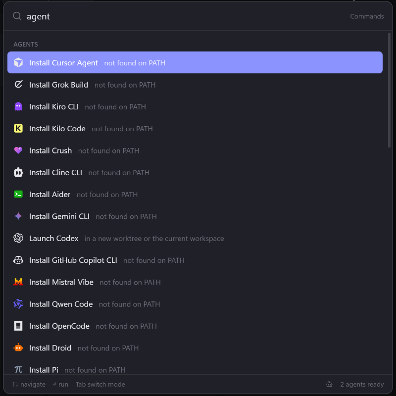 The command palette filtered by “agent”, listing agents to launch or install, such as Cursor Agent, Kiro CLI, Gemini CLI, Codex and GitHub Copilot CLI.