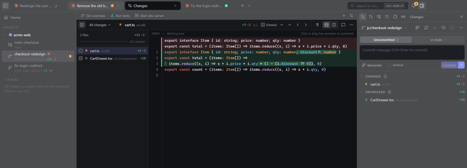 A diff of cart.ts with highlighted additions and removals, a file list with +/− counts and the commit panel.
