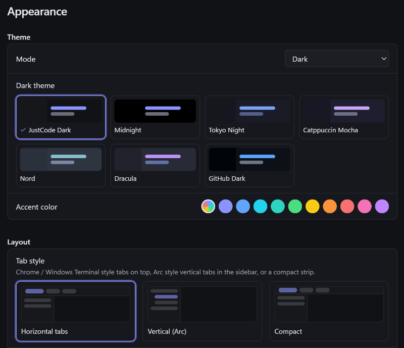 Appearance settings: dark themes including JustCode Dark, Midnight, Tokyo Night, Catppuccin Mocha, Nord, Dracula and GitHub Dark, accent colors and tab styles.