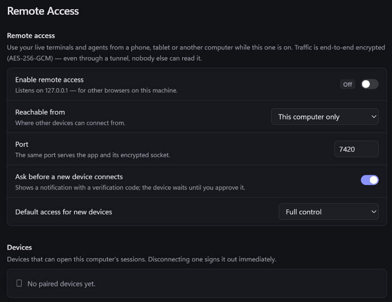 Remote Access settings: enable remote access, where it is reachable from, the port, asking before a new device connects and default access for new devices.